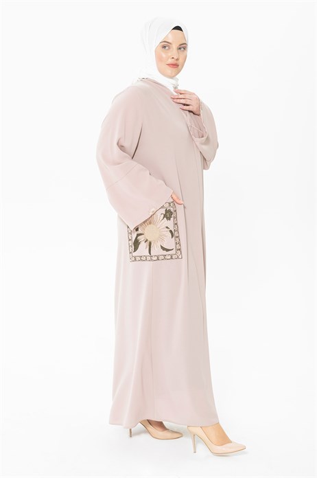 Beyza-Embroidered Beige Abaya with Snap Pockets 3379