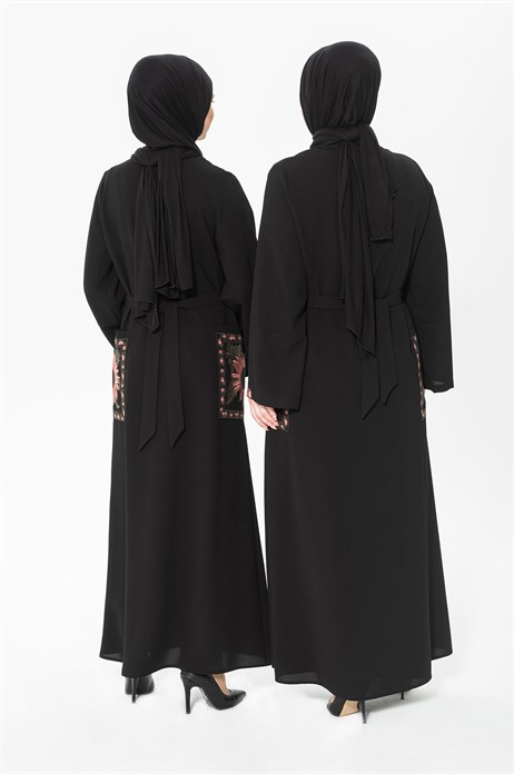 Beyza-Embroidered Black Abaya with Snap Pockets 3379