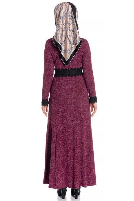 Beyza-Lace Belted Cherry Knitted Modest Dress