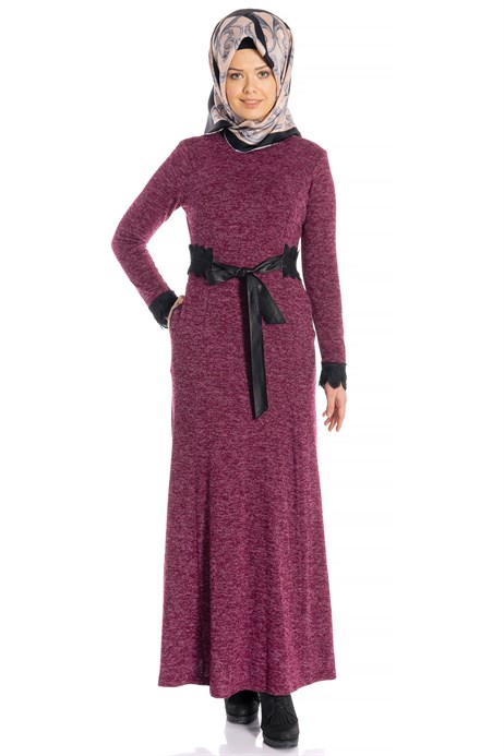 Beyza-Lace Belted Cherry Knitted Modest Dress