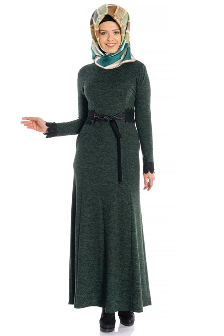 Lace Belted Green Knitted Modest Dress