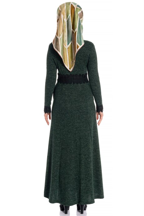 Beyza-Lace Belted Green Knitted Modest Dress