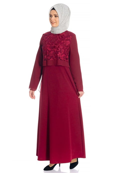 Beyza-Laced Claret Red Modest Evening Dress