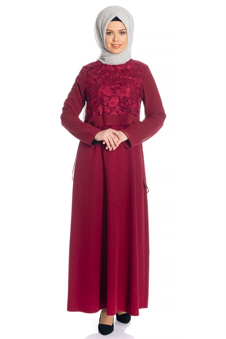 Beyza-Laced Claret Red Modest Evening Dress