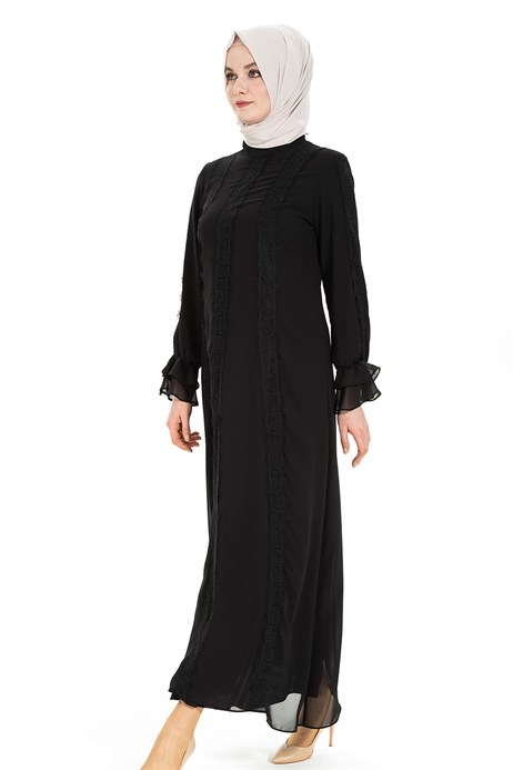 Beyza-Dantelli Şifon Tesettür Siyah Elbise 5316 