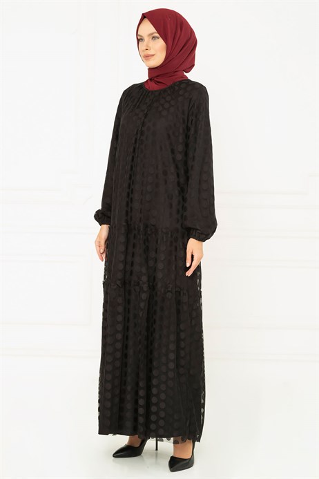 Beyza-Dantelli Siyah Benekli Elbise 3M5126