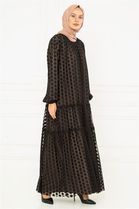 Beyza-Dantelli Siyah Benekli Vizon Elbise 3M5126