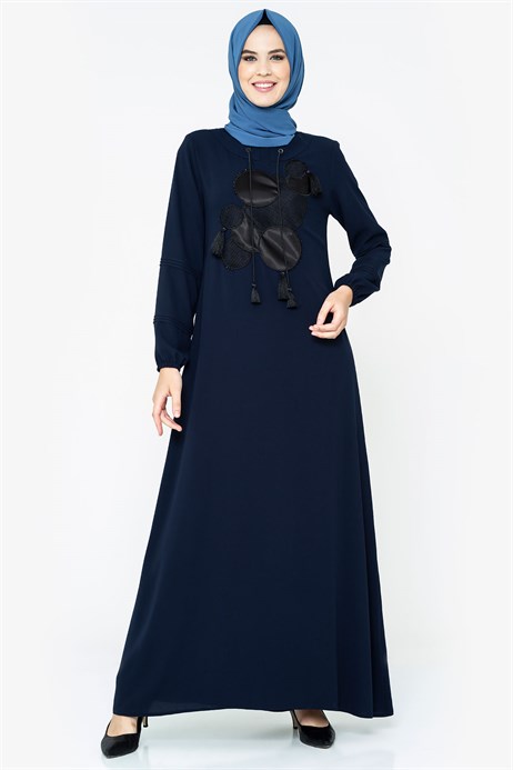 Beyza-Leather Detailed Ornamented Navy Blue Modest Dress