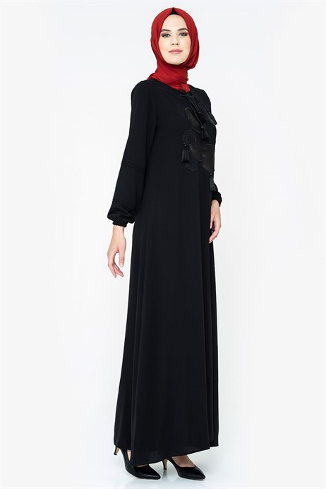 Beyza-Leather Detailed Ornamented Black Modest Dress
