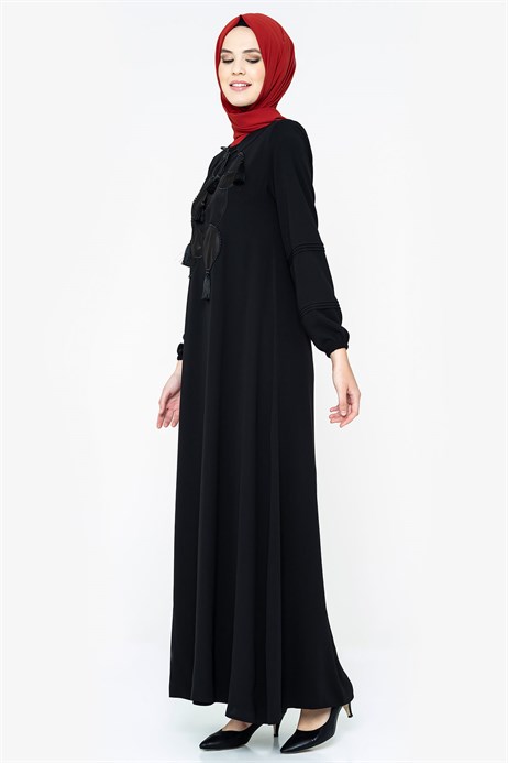 Beyza-Deri Detaylı Nakışlı Siyah Tesettür Elbise 5041