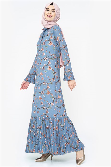 Beyza-Desenli Piliseli Mavi Tesettür Elbise