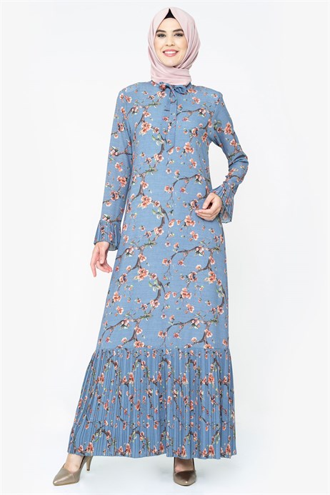 Patterned Pleated Blue Modest Dress