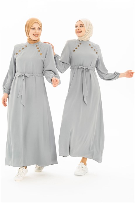 Button Detailed Grey Hijab Dress 5228