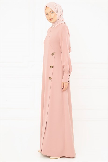 Beyza-Button Detailed Dusty Rose Modest Evening Dress 3M5183