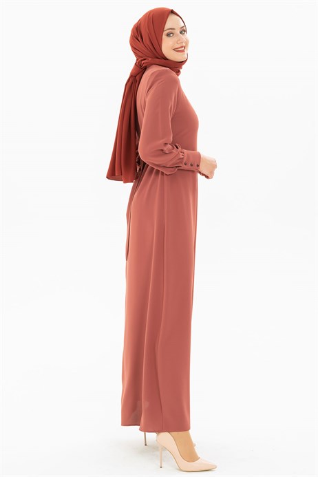 Beyza-Button Detailed Brick Color Modest Evening Dress 3M5183