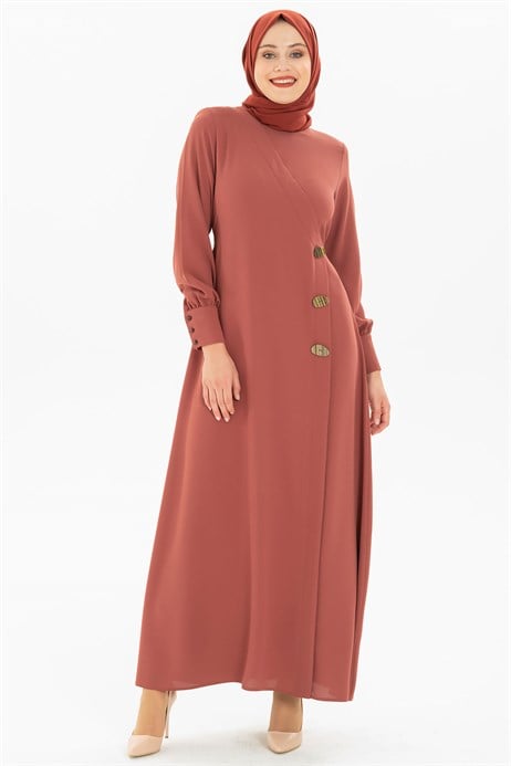 Beyza-Button Detailed Brick Color Modest Evening Dress 3M5183