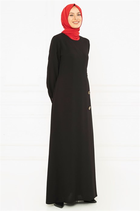 Beyza-Button Detailed Black Modest Evening Dress 3M5183