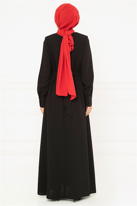 Beyza-Düğme Detaylı Siyah Tesettür Elbise 5183