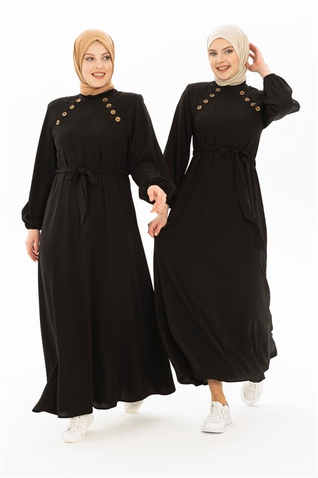 Button Detailed Black Hijab Dress 5228