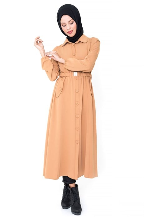 Beyza-Buttoned Belted Salmon Pink Coat