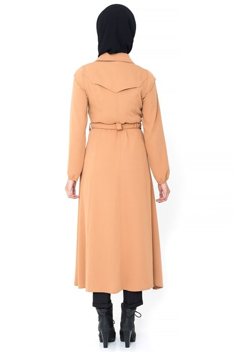 Beyza-Buttoned Belted Salmon Pink Coat