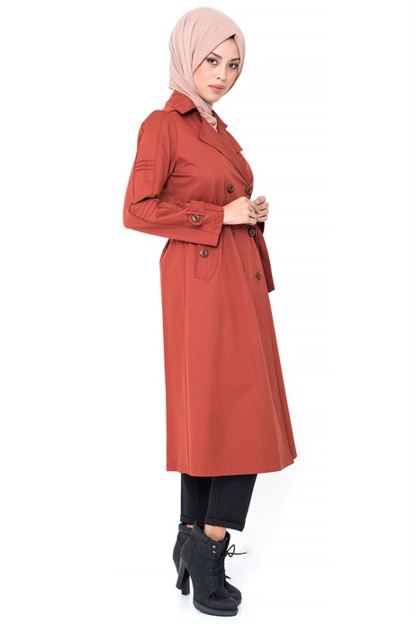 Beyza-Buttoned Brick Color Trench Coat