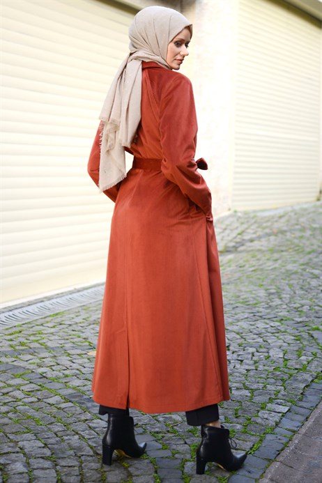 Beyza-Buttoned Brick Color Coat with Sash 3M3147