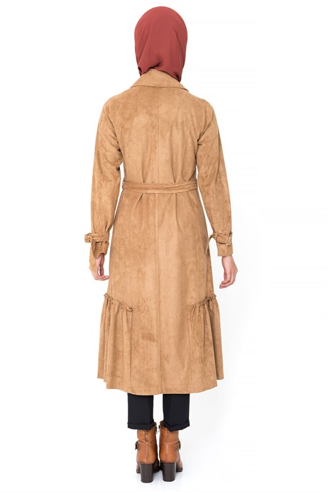 Beyza-Buttoned Camel Coat with Sash