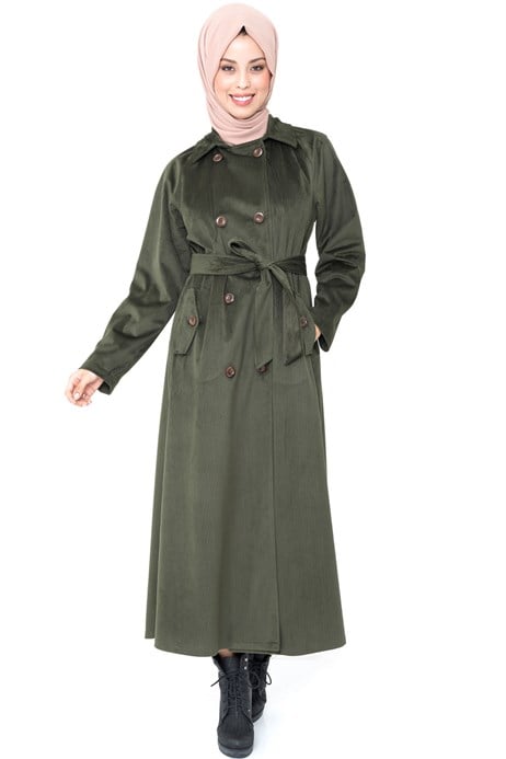 Beyza-Buttoned Green Coat with Sash 3M3147