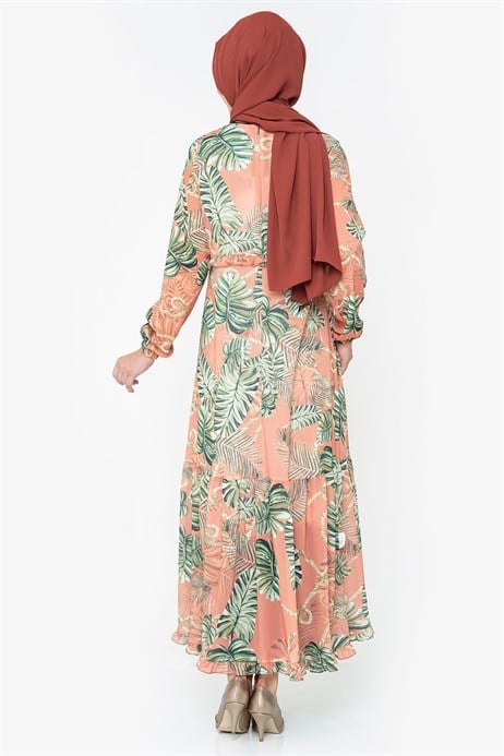 Beyza-Printing Patterned Cinnamon Modest Dress
