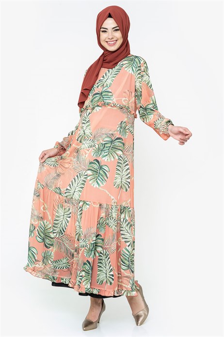 Beyza-Printing Patterned Cinnamon Modest Dress
