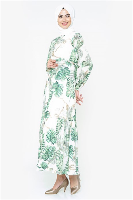 Beyza-Empirme Desenli Yeşil Tesettür Elbise 5102
