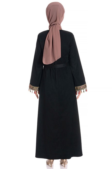 Beyza-Ethnic Sleeve Striped Black Suede Modest Dress