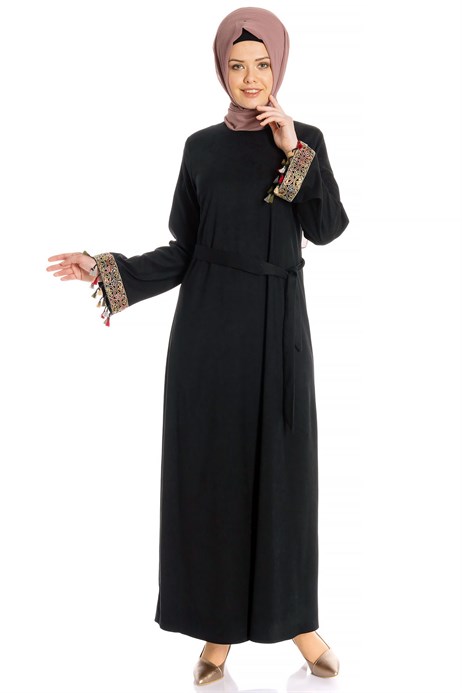 Beyza-Ethnic Sleeve Striped Black Suede Modest Dress