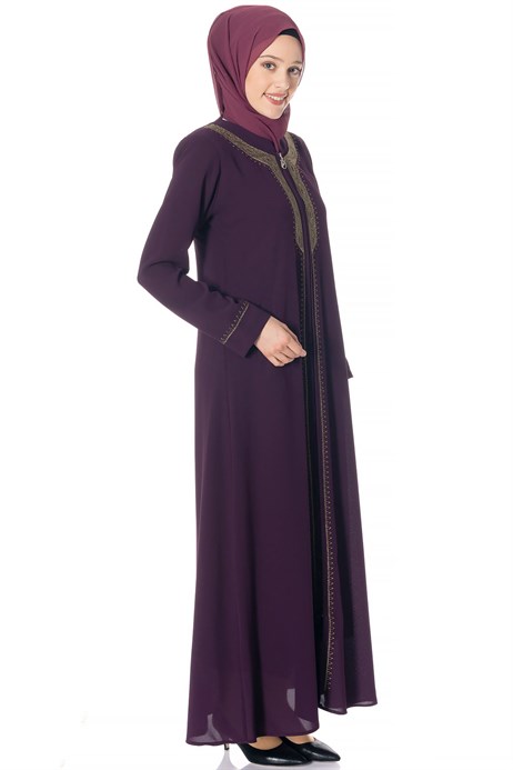 Beyza-Zippered Gold Ornamented Purple Abaya