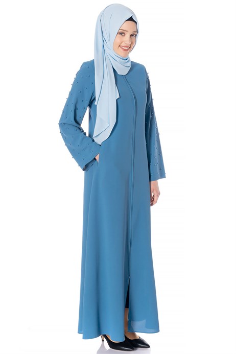 Beyza-Zippered Pearled Indigo Blue Abaya