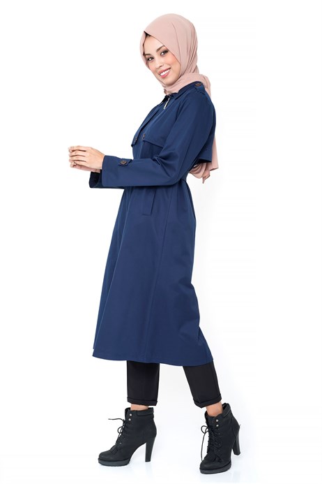 Beyza-Zippered Belted Light Navy Blue Trench Coat