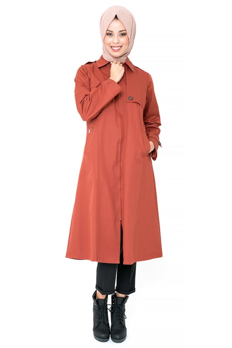 Beyza-Zippered Belted Brick Color Trench Coat