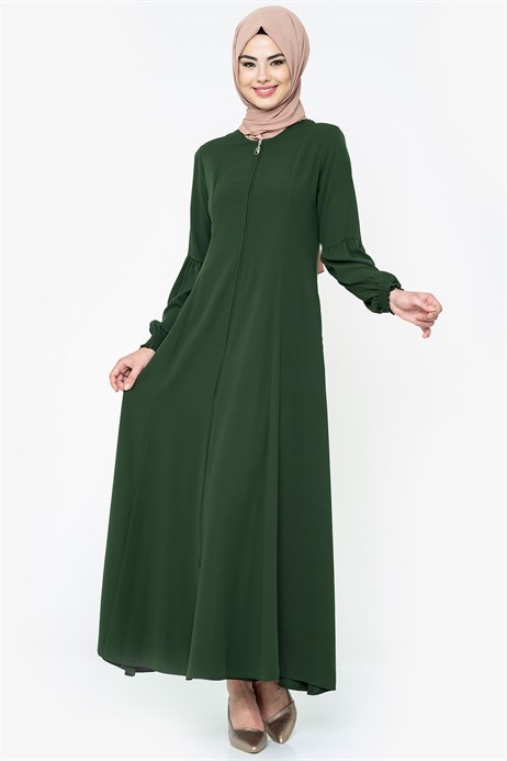 Beyza-Zippered Flared Green Abaya