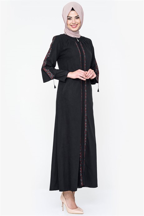 Beyza-Zippered Ornamented Black Suede Abaya