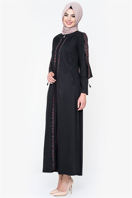 Beyza-Zippered Ornamented Black Suede Abaya