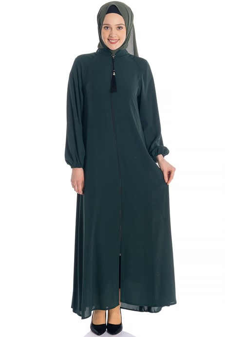 Beyza-Zippered Reglan Sleeve Green Abaya