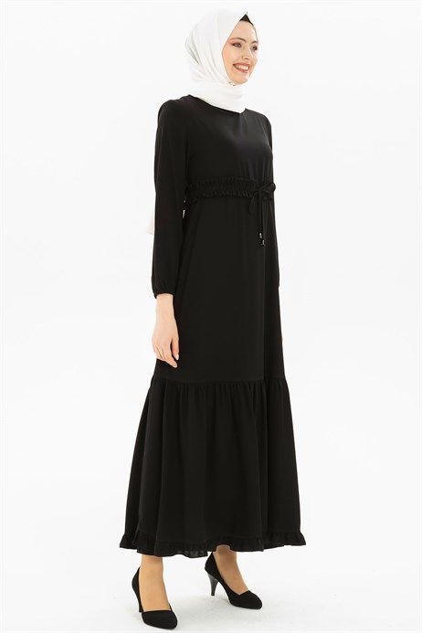 Beyza-Ruffled Belted Black Modest Dress 3M5093