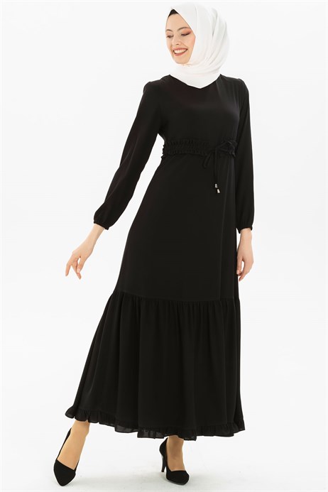 Beyza-Fırfır Kemerli Siyah Tesettür Elbise 5093