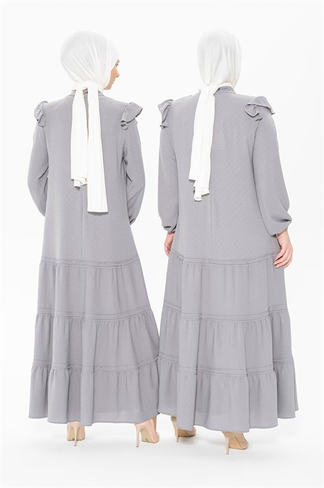 Beyza-Ruffle Layered Grey Hijab Dress 5242