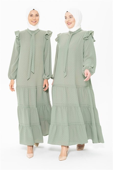 Beyza-Ruffle Layered Mint Hijab Dress 5242