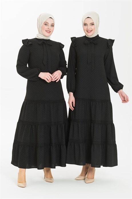 Ruffle Layered Black Hijab Dress 5242