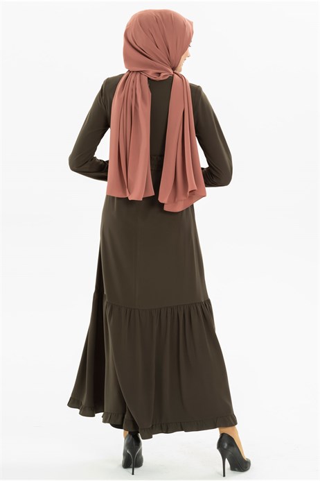 Beyza-Ruffled Belted Khaki Modest Dress 3M5093