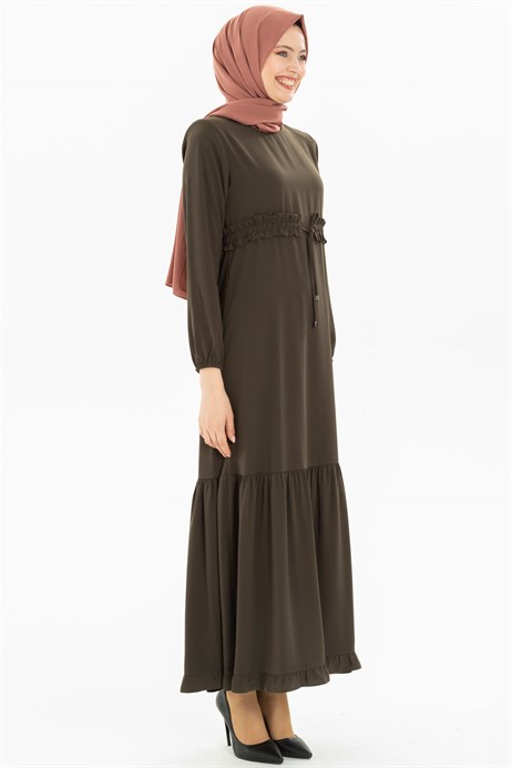 Beyza-Ruffled Belted Khaki Modest Dress 3M5093