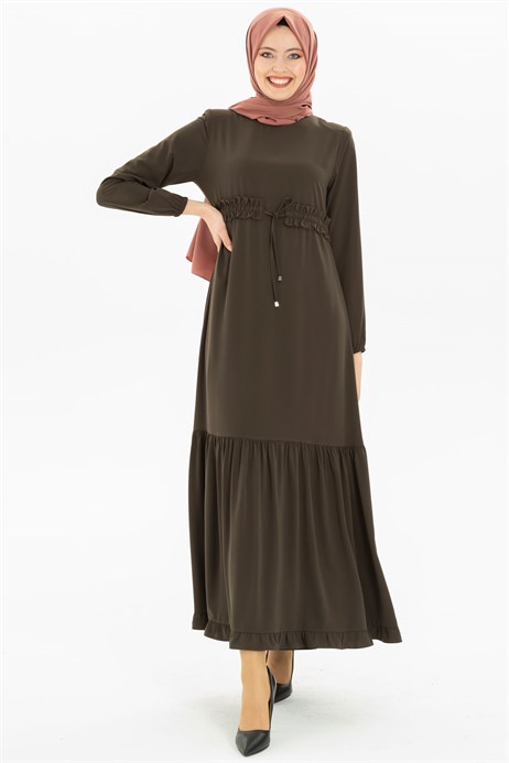 Ruffled Belted Khaki Modest Dress 3M5093